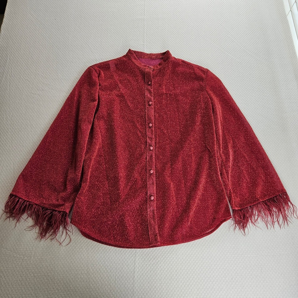 Pink Metallic Shimmer Feather Trim Blouse Mandarin Collar Button Down Top Small